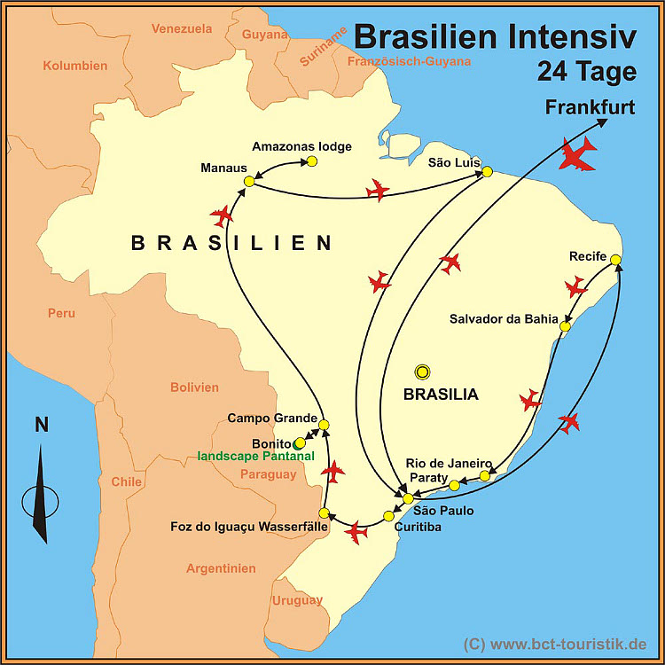 24 Tage Reiseroute der Brasilien Intensivreise der BCT-Touristik nach Brasilien