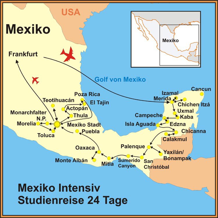 Mexiko Intensiv Reise Route der BCT-Touristik von Mexiko Stadt bis Cancun.