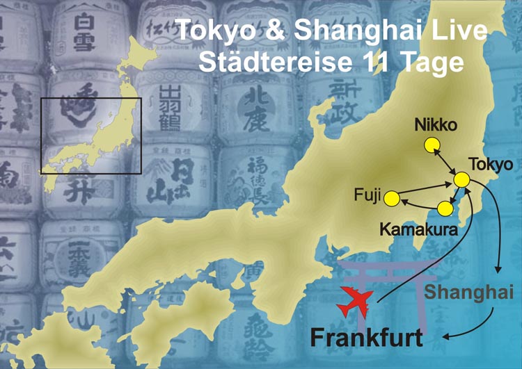 Reiseroute der Städtereise Tokyo und Shanghai der BCT-Touristik