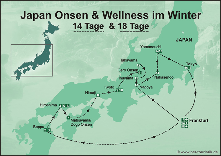 Reiseroute der Onsen und Wellness Reise der BCT-Touristik nach Japan
