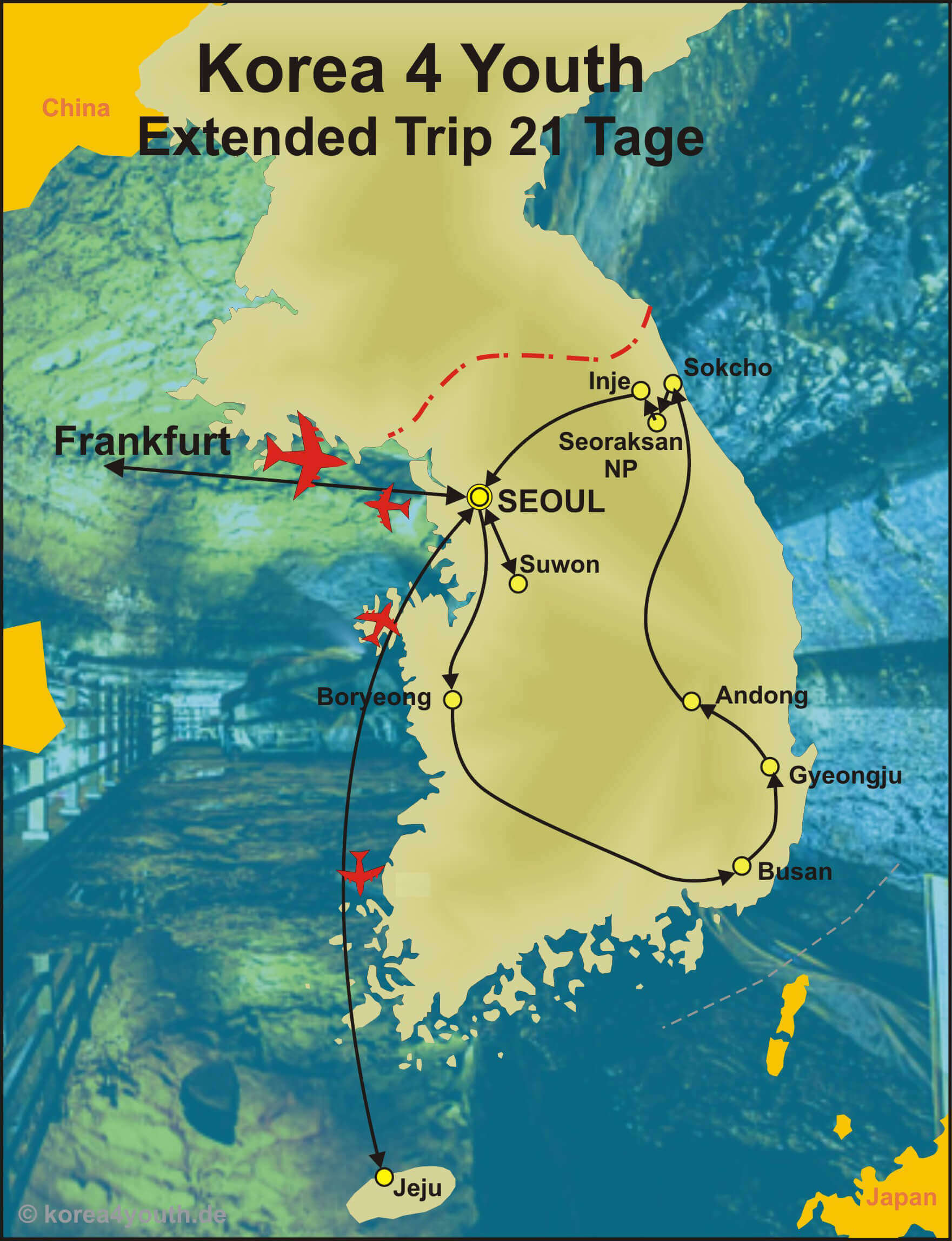 Reiseroute der K4Y Extended Trip Reise für Jugendiche und junge Erwachsene nach Südkorea